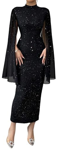 SweatyRocks Pailletten Kleid Damen Party Langarm Kleid Herbstkleid Elegant Maxikleid Mesh Glitzerkleid Lang Party Kleider Abendkleider Schwarz XL