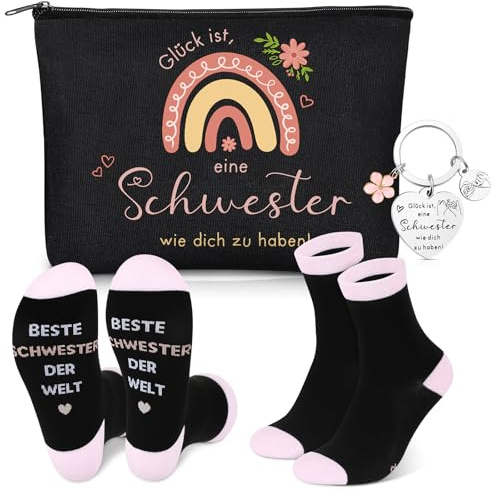 Otuuz 3er Set Schwester Geschenk Kosmetiktasche Schlüsselanhänger Socken | Freundschaftsgenschenk Kosmetiktasche Schlüsselanhänger Socken Damen Freundin Weihnachten Beste Schwester der Welt Geschenk