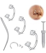 WillTen 20G Hufeisen Nasenring Septum Piercing Schmuck Silber, Doppel Edelstein Nasenring Hufeisen 6mm 7mm 8mm mit Greifer, winziger kleiner Edelstahl Septum Schmuck für Nasenflügel Labret Daith