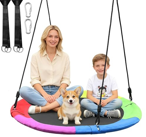 Columpio nido de 100 cm de diámetro para exteriores, capacidad de carga de hasta 300 kg, columpio colgante ajustable para árbol y jardín, niños y adultos, en azul/verde/multicolor, con kit de montaje