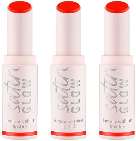 essence satin GLOW luminous shine lipstick, Nr. 07, Orange, strahlend, farbintensiv, vegan, ohne Parabene, ohne Mikroplastikpartikel, Nanopartikel frei, 3er Pack (3x3.5g)