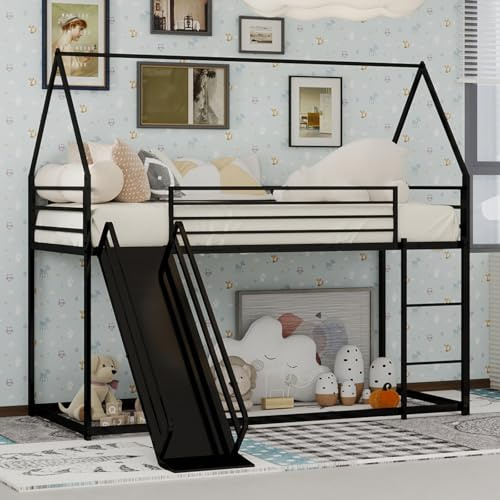 CelticHearth Lit superposé Twin sur Twin avec toboggan pour enfants, cadre de lit en forme de maison avec échelle, pas besoin de sommier tapissier