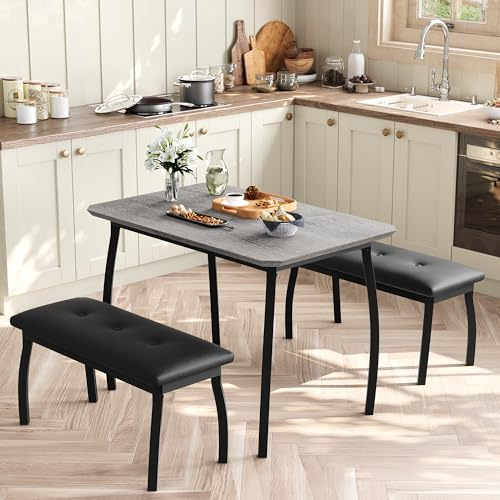 GarveeHome 3-Teiliges Essgruppen Mit 1 Tisch Und 2 Bänken, Platzsparender Esstisch Für 4 Personen, Gepolsterte PU-Lederbänke, Für Esszimmer, Wohnzimmer Und Kompakte Räume, 110 x 70 x 76 cm