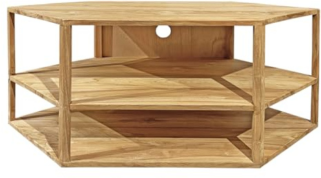 Meuble TV d'angle Hexagonal 2 étages L. 110 cm en Bois de Teck Massif avec Passe Cables - Naturel et Exotique - Tetra
