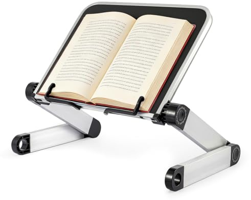 Minifactory Adjustable Book Holder Stand Lightweight Aluminum Ergonomic Reading & Cooking Book Stand with 360° Rotation for Textbooks Tablets Magazines Recipe Books Office and Home Use (Black)