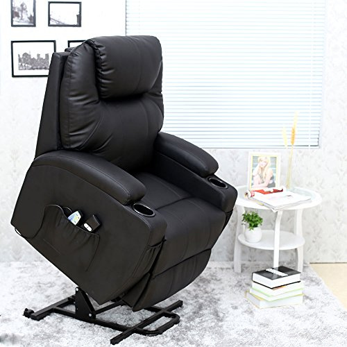 More4Homes Cinemo Electric Rise Recliner Leather Massage Heat Armchair Sofa Lounge Chair (Black)