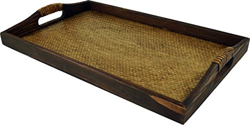 GURU SHOP Tablett Holz/Rattan, Frühstückstablett Serviertablett mit Holzrahmen & Rattangeflecht, Größe: Groß (48x30 Cm), Untersetzer, Tabletts