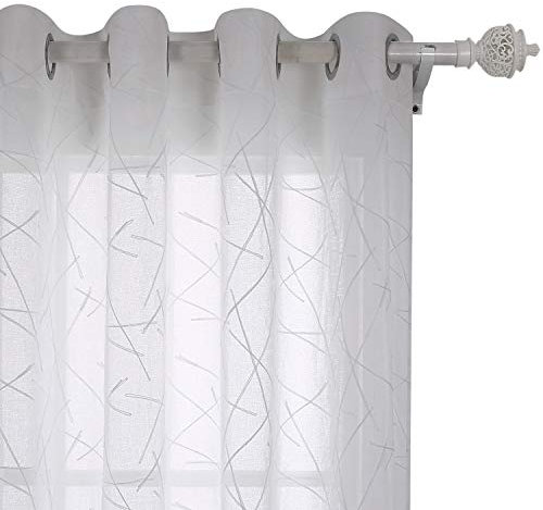 Deconovo Ösenvorhang Transparent Gardinen Wohnzimmer Vorhang Stickerei 245x140 cm Weiß Linie 2er Set