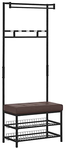 HOMCOM Garderobenständer Garderobenbank Kleiderständer Schuhregal mit Sitzfläche Garderobe mit Sitzfläche und 2 Schuhablagen, Metall, 72,5x35x180cm