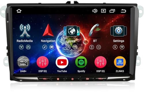 Erisin 9 Zoll 8-Kern 4+64GB Android 14 Autoradio mit GPS Navi Bluetooth 5.0 für VW T5 Touran Tiguan Golf 5 Golf 6 Polo 6R Passat B6 Caddy EOS Jetta CarPlay Android Auto WiFi DSP DAB+ IPS FM RDS OPS