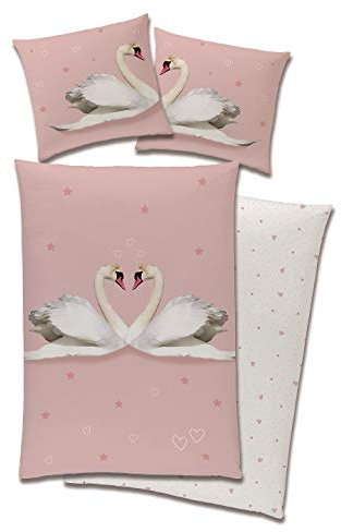 TexIdea süße Wende Bettwäsche-Set Schwan 135 x 200 cm 80 x 80 cm 100% Baumwolle Biber Flanell Rosa Mädchen-Bettwäsche mit Krone und Stern-e