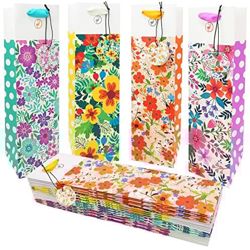 ANZON MORIES Weintasche mit Blumenmuster, 12 Großpackungen mit Punktmuster, einzelne Flasche, Wein-Geschenktüte mit Griff und Etiketten, 4 Designs, laminiertes schweres Papier für zusätzliche Stärke