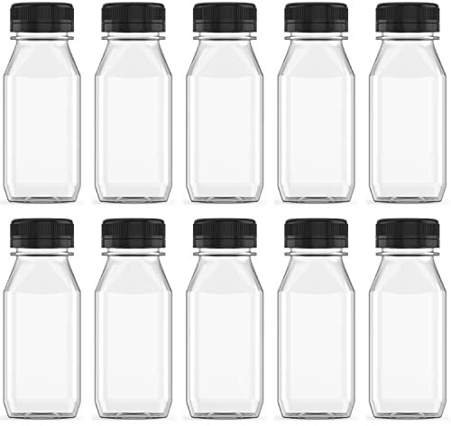 10 botellas de plástico para jugo de 8 onzas, botellas de jugo con tapas negras, adecuadas para jugos, batidos, leche y bebidas caseras