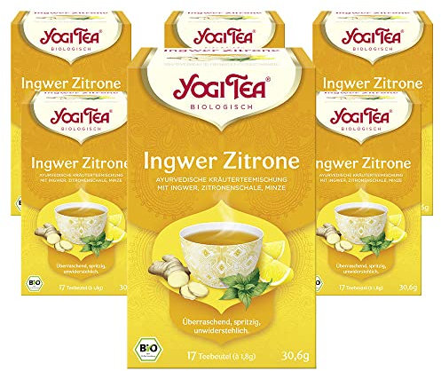 Yogi Tea - Ingwer Zitrone, Ayurvedischer Bio Gewürz- und Kräutertee, von Natur aus koffeinfrei, Mischung aus Ingwer, Zitronenschalen, Minze, Yogi Tee 6er Pack, 6x17 Beutel (102 Teebeutel insgesamt)