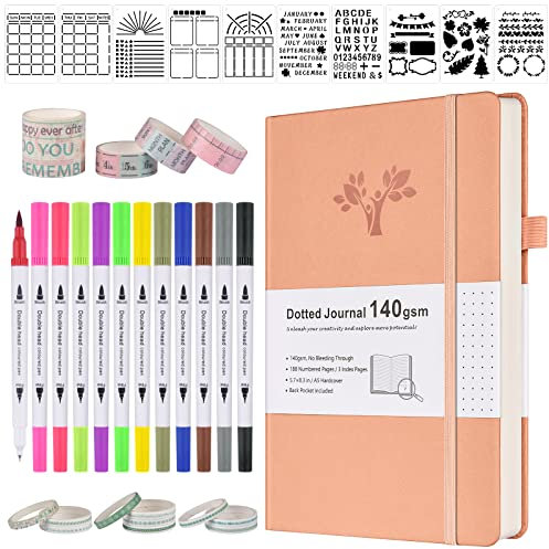 Bullet Dotted Journal Kit, 140 g/m², Hardcover, A5, gepunktetes Tagebuch mit 188 nummerierten Seiten und 3 Index, 12 Pinselstifte, Doppelspitze, 10 Schablonen und 14 Washi-Tape, für Damen, Herren,