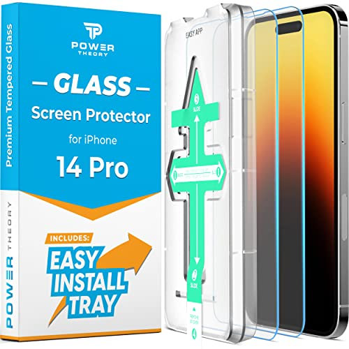 Power Theory Schutzglas für iPhone 14 Pro Schutzfolie, Displayschutz Glass mit Anbringhilfe, Displayschutzfolie, Glas Folie mit Schablone [2 Stück]