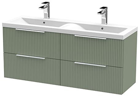 Hudson Reed DFF893F Fluted Modern Bathroom Wall Hung 4 Drawer Double Vanity Basin Unit with Twin Ceramic Basin, 1200mm, Satin Green