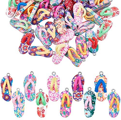 SUNNYCLUE 1 Schachtel 30 Stück Flip-Flop-Anhänger Aus Ton Anhänger DIY-Schmuck Mini-Hausschuhe Bunte Polymer-Ton- Für Frauen Sommer Schmuckherstellung Halskette Ohrringe Armband Bast