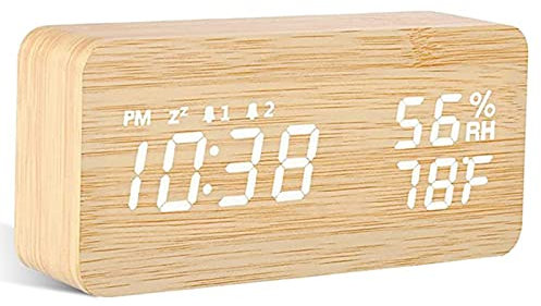 BIGFOX Réveil Numérique Bois,Horloge Digitale Réveil LED Grand Ecran Aver Température/Snooze/ 2 Alarme/10 Musiques, Luminosité et Son Réglable, Activation Sonore, USB Charge Clock (Marron)