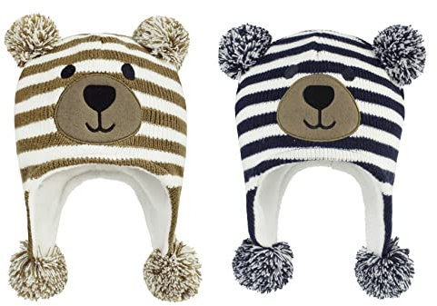 Durio Baby Mütze Wintermütze Kleinkind Kinder Mädchen Jungen Earflap Beanie Warm Strickmütze mit Bommel 2er Set Kaffee u. Navy 2-4 Jahre (Tag Size L)