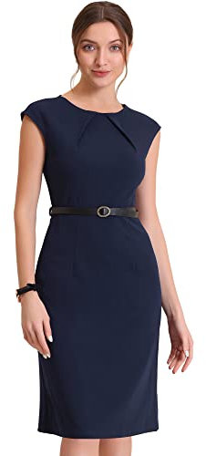 Allegra K Damen Bürokleid Ärmellos Rundhalsausschnitt Flügelärmeln Gürtel Elegant Etuikleid Kleid Dunkelblau M