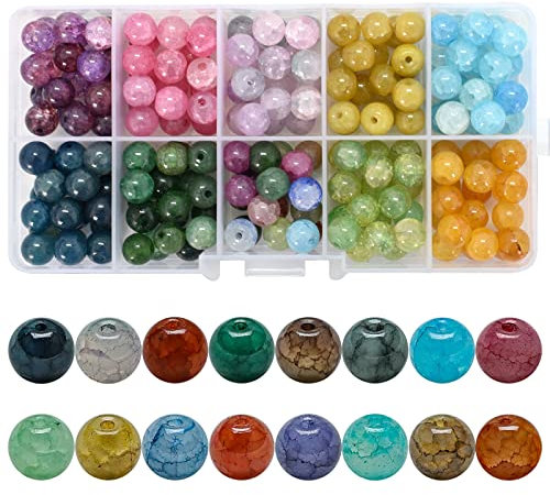 200 Pcs 8mm Perles Rondes de Verre Craquelé Assortiment des Billes de Cristal avec Trou Colorées en Vrac Naturelles pour Fabrication de Bijoux DIY Bracelet Collier Boucles d'Oreilles Artisanat