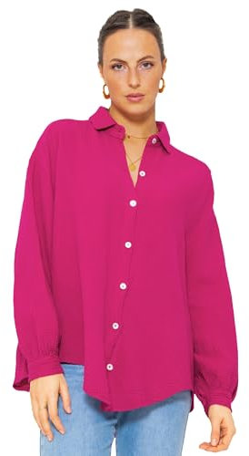 SASSYCLASSY Oversize Musselin Bluse Damen Langarm - Oversized Freizeit Look - Hemdbluse lang aus Baumwolle mit V Ausschnitt - Long-Bluse One Size (Gr. 36-48) Fuchsia