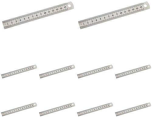 10 Stück 15 cm Edelstahl-Lineal, 15 cm, Metall, gerader Rand, doppelseitig, für Studenten, Bau-Lineal, Schule, Büro, Schreibwaren, Lineal mit Tasche