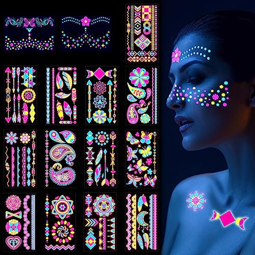 15 Blätt Festival Tattoos, Temporäre Tattoos, Wasserdichte Festival Accessoires, Neon UV Painting Tätowierung Aufkleber für Frauen Jugendliche Body Art Party