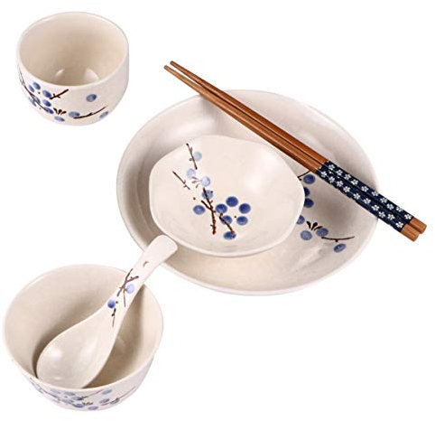 Ensemble de vaisselle en céramique 6 pièces Vaisselle à fleurs Ensemble de vaisselle en céramique japonaise pour la maison Service de cuisine Une personne (couleur : bleu)