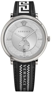 Versace Herren Armbanduhr V-Circle 42 mm Multifunktionszifferblatt mit Datumsfenster Armband Leder, Stoff VEBQ01819