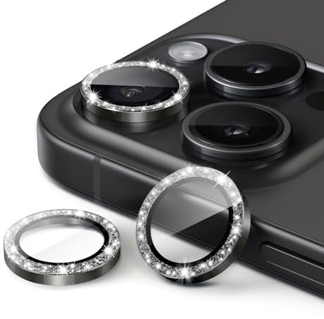 JETech Kameraschutz für iPhone 15 Pro 6,1 Zoll und iPhone 15 Pro Max 6,7 Zoll, Bling Glitzer Individuelle 9H Gehärtetes Glas Metallring Abdeckung, HD Klar, 1 Set (Schwarzes Titan)