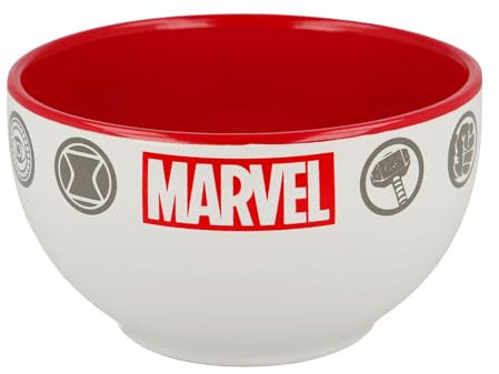 Elbenwald Marvel Petit déjeuner - Bol à céréales avec icônes Spider-Man Iron Man Hulk Thor Captain America - 600 ml - 8 cm de hauteur - Ø 13 cm - Céramique - Blanc Rouge