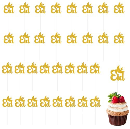 Eid Mubarak Cake Topper,32 Stück Glitzer Mond und Stern Ramadan Kuchendekoration,Gold Eid Mubarak Cupcake Topper für Muslimisch Islam Kareem Party Dekoration Supplies