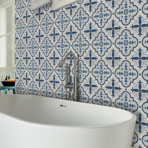 Fliesenaufkleber Beige Blaues Muster Klebefliesen Küche PVC Fliesenaufkleber Bad Küche Boden Hitzebeständig Mosaikfliesen Wasserdicht Klebefliesen Ölfest Küchenrückwand Selbstklebend 30x30cmx10 Pcs