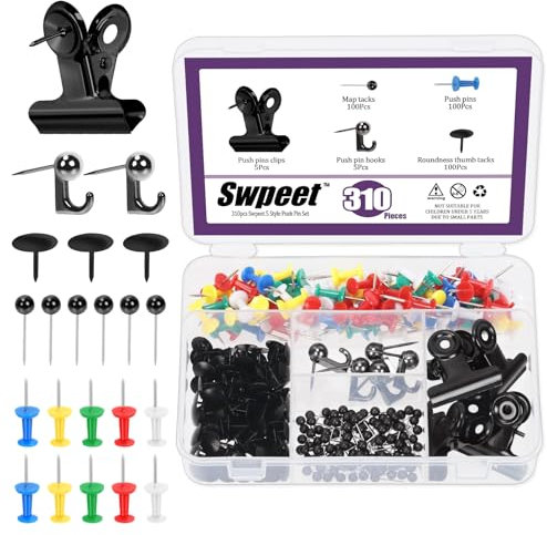 Swpeet 310Pcs Black Push Pins Set, einschließlich Daumen Tacks, Push Pin Haken, Push Clips, dekorative Push Pins und Map Tacks, 5-Style Black Office Zubehör Ideal für Kartenbüro