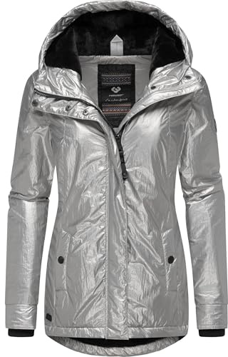 Ragwear Damen warme Shiny Winterjacke in glänzender Opitk mit kuscheliger Kapuze Monadde Bling YOUMODO Light Grey Gr. XXL