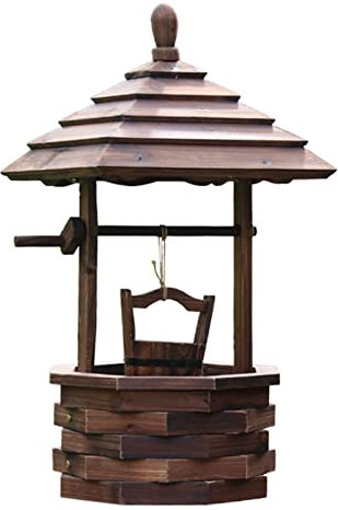Wooden Wishing Wells Planter for Outdoors with Hanging Flower Bucket - Rustic Flower Planter Patio Garden Ornamental - Stable Hollow Base & Finished Wood - Home Garden Yard Decor