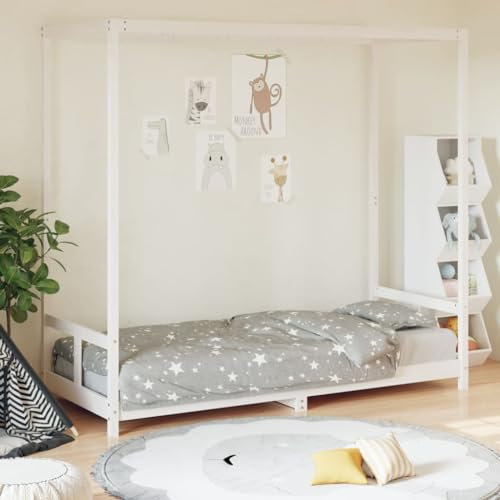Hommdiy Kinderbett, Kinder Bettgestell mit robusten Latten, Himmelbett für Kleinkinder zwischen 18 Monaten und 4 Jahren, Einzelbett Kinder Holzbett Stil G,80 x 200 cm,Weiß
