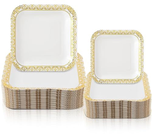 ASMIZ 100 Pcs Disposable White and Gold Paper Plates, Square Party dinnerware Set with Golden Trim, 50 x 9 and 50 x 7 Dinner Dessert Plates for Easter Wedding, Cocktail Party, Birthday, Gathering