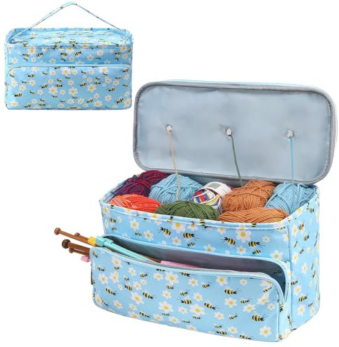 Aeelike Knitting Bags and Knitting Organizers, Knitting Crochet Storage Bag, Yarn Bag, Large Knitting Bag for Wool and Needles Storage, Portable Yarn Storage Bag for Knitting and Crochet(Blue Bee)