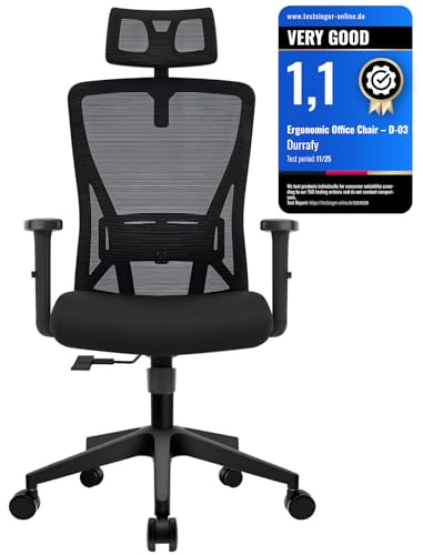 Durrafy Office Chair, Ergonomic Office Chair with Adjustable Armrests Headrest and Lumbar Support 130° Tilt Function High-Back Mesh Desk Chair Suitable for Homes/Offices,150kg Capacity, Black