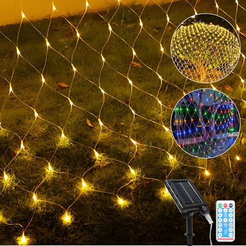 Eulenke lichternetz solar 2x2m, 240 LEDs Warmweiß Energieeinsparung lichternetz mit Fernbedienung, Helligkeit einstellbar, 8 Modi + Memory-Funktion, IP44, Lichtempfindlich Kontrolle