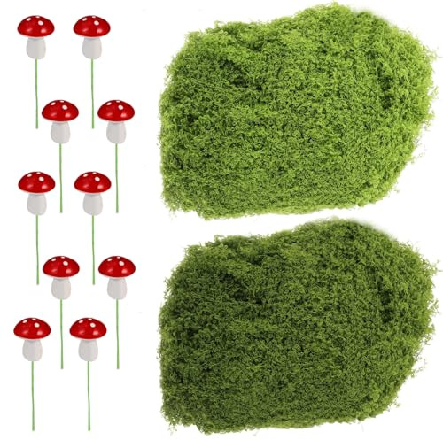200g Reusable Lifelike Fake Moss,Artificial Moss with 10 Fake Mushrooms | Decorative Artificial Moss for Indoor Plant Pots,Simulated Faux Reindeer Java Moss for Crafting Garden Floral Arrangement