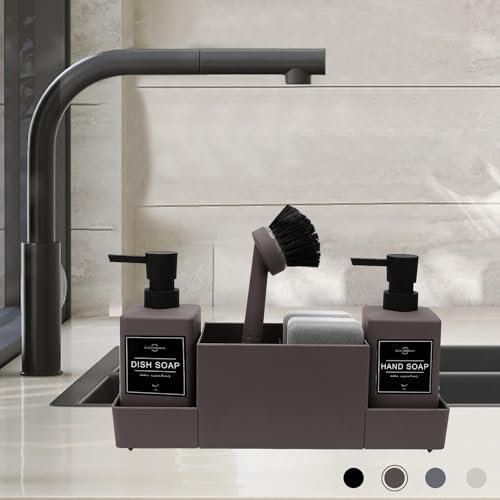 Haisheng 1 Set Kitchen Soap Dispenser, Brown 2 Pack Soap Dispenser Bottle with 3 Pumps, Sponges, Brush, Drainer Tray, 350ML Shampoo Lotion Bottle for Kitchen and Bathroom