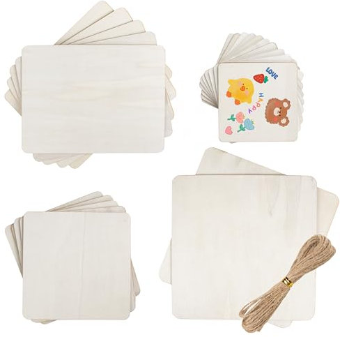 Foshird Unvollendete Holzplatte zum Basteln mit 5m Juteschnur 22 Stück Quadratischen Holzscheiben Holzschild zum Aufhängen Holzbrett Deko für Brandmalerei DIY Handwerk Gemälde Laser