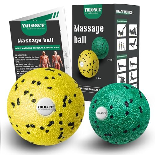 Set de 2 Bolas de Masajede, Bola de Automasaje 8 cm+6 cm, Pelota de Fascia Pequeña para Masaje Miofascia, Bola de masaje para masaje de cuerpo entero, para Relajar los músculos(Verde+Amarillo)