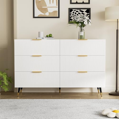HAINEW Moderner Kommode mit 6 Schubladen, Holz Sideboard Mehrzweckschrank Aufbewahrungsschrank Küchenschrank mit Goldener Griff für Flur, Schlafzimmer, Wohnzimmer, 120 x 40 x 77cm (Weiß - New)