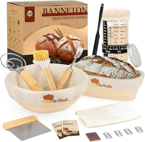 Gärkorb Brot Set Inkl. 2 Gärkörbe für Brot, 1000ml Gärglas Fermentationsglas, Teigschaber, Dänischer Teigbesen, Bäckermesser, Sauerteig Starter Set, Brot Backen Zubehör, Brotbackset