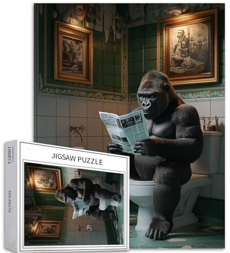 Gorilla-Lese-Zeitungspuzzle, 1000-teiliges Puzzle für Erwachsene, niedlich, lustig, Gorilla, nordisches Badezimmer, Kunst, Puzzle, herausfordernde Familienaktivitäten, bunt, DIY-Bastelpuzzle für